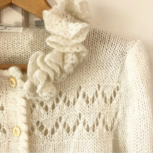 Vtg Puff Sleeve Pockets Ruffle Cut Work Knit Granny Grandma Cardigan Sweater S/M - Picture 7 of 17